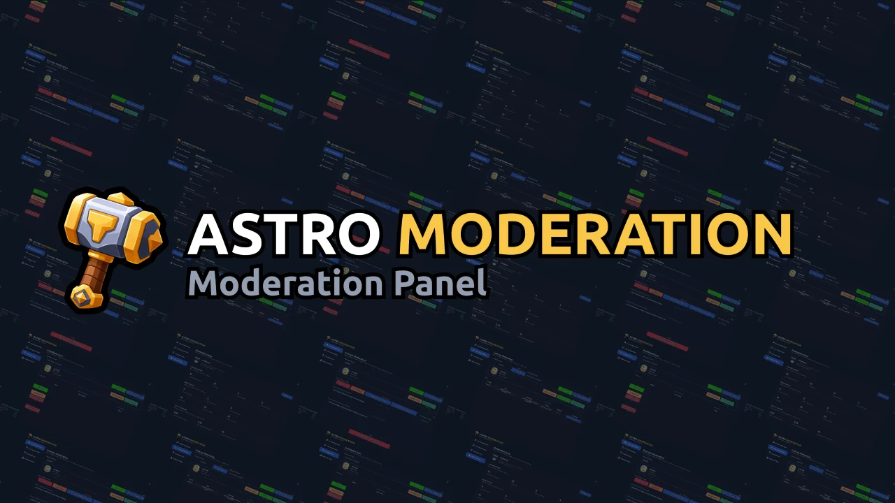 Astro Moderation panel title card with a moderation hammer and interface previews